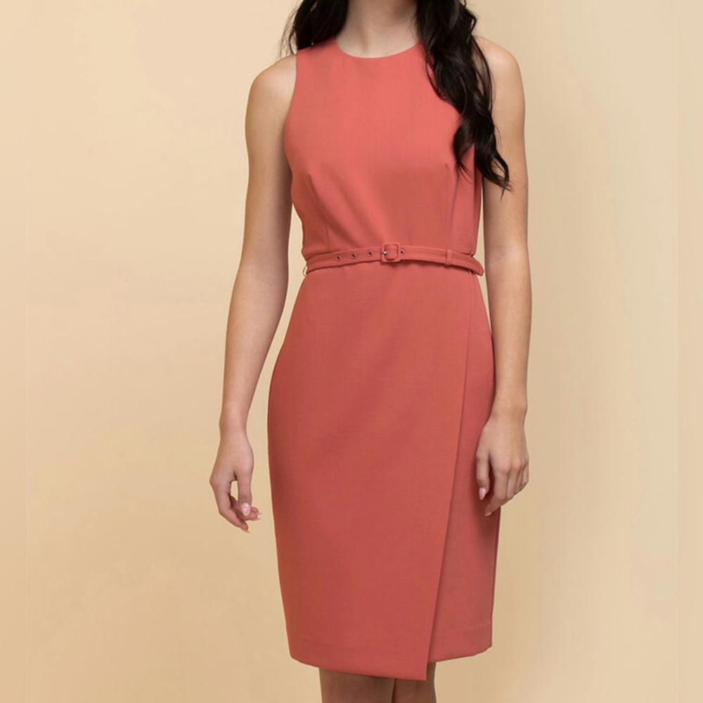 Rikki’s Elegant Sleeveless Belted Sheath Muted Pink Faux Wrap Dress Size 4 NWT